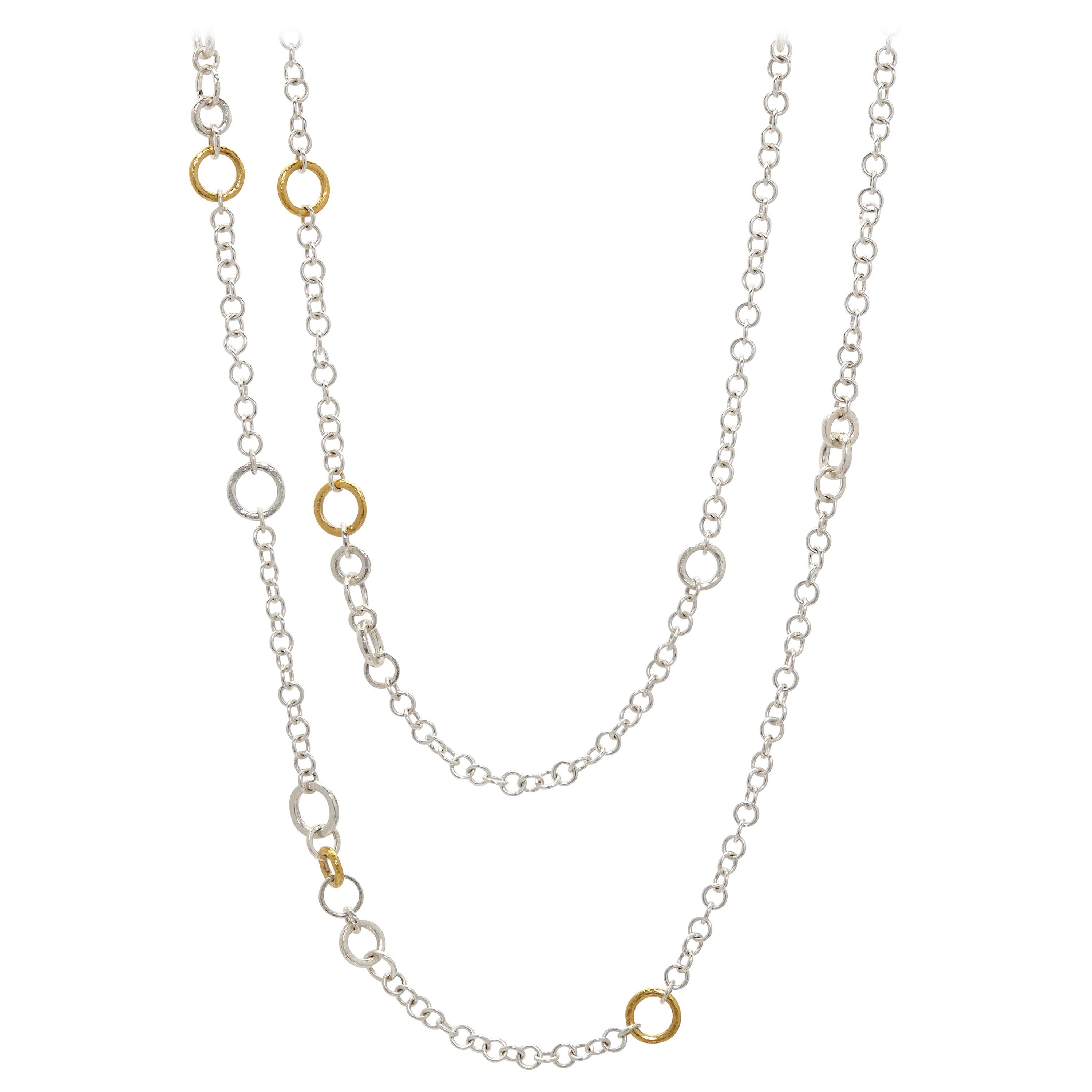 Sterling Silver & 24KY Mixed Size Round Link Chain Necklace For Sale