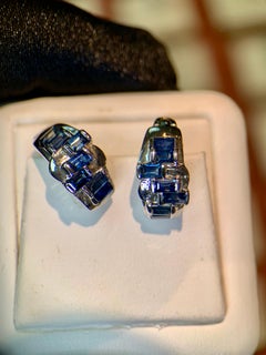 Sterling Silver 2.60ct Baguette Blue Sapphire Geometric Omega Back Earrings
