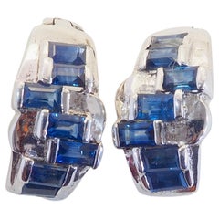 Sterling Silver 2.60ct Baguette Blue Sapphire Geometric Omega Back Earrings