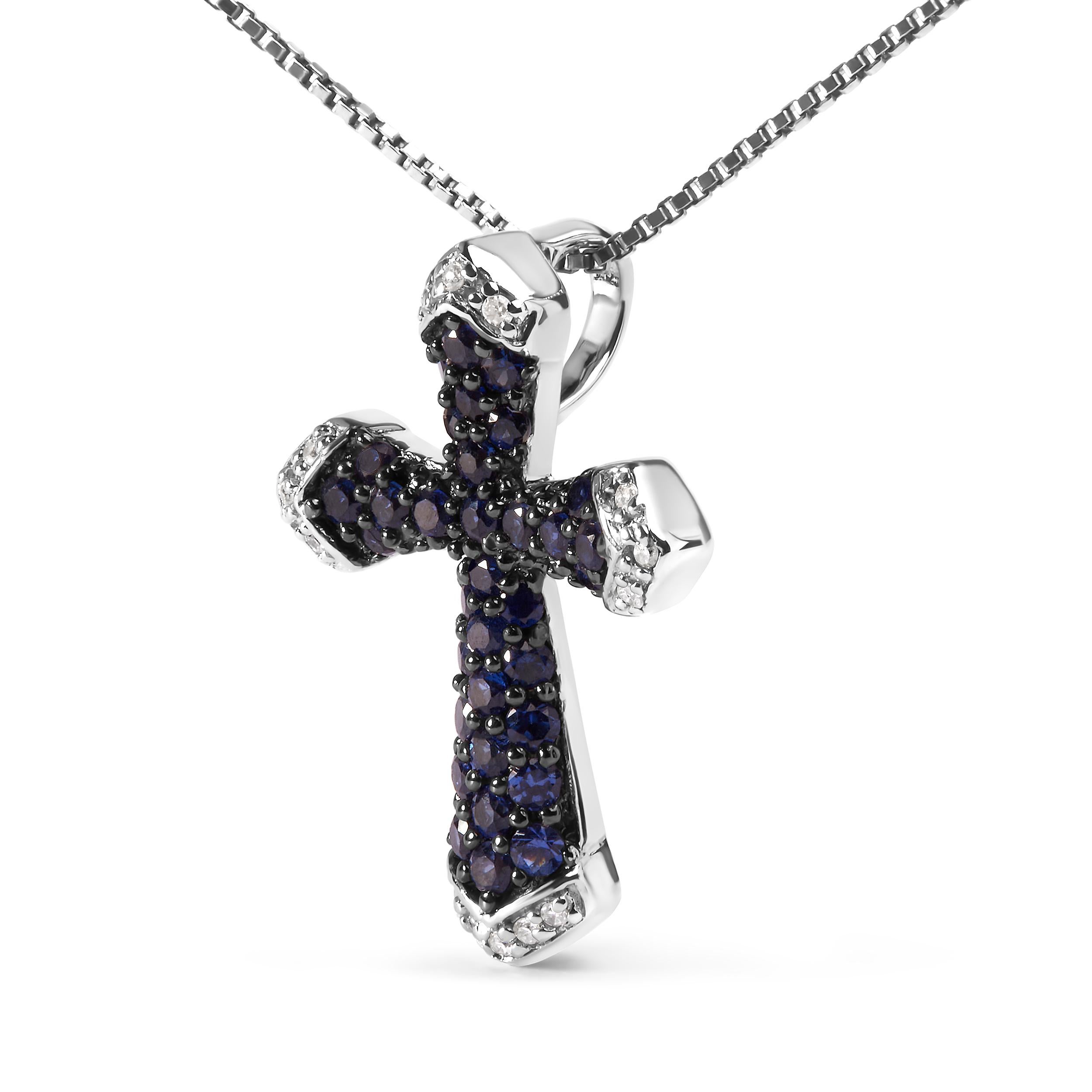Contemporary Sterling Silver 3/4ct Sapphire and White Diamond Accent Cross Pendant Necklace For Sale