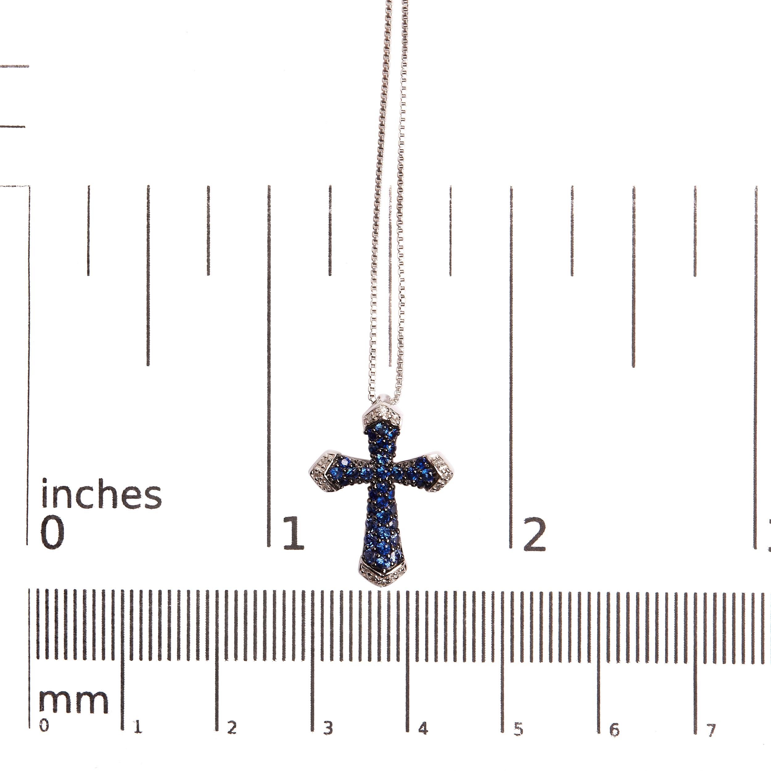 Sterling Silver 3/4ct Sapphire and White Diamond Accent Cross Pendant Necklace In New Condition For Sale In New York, NY