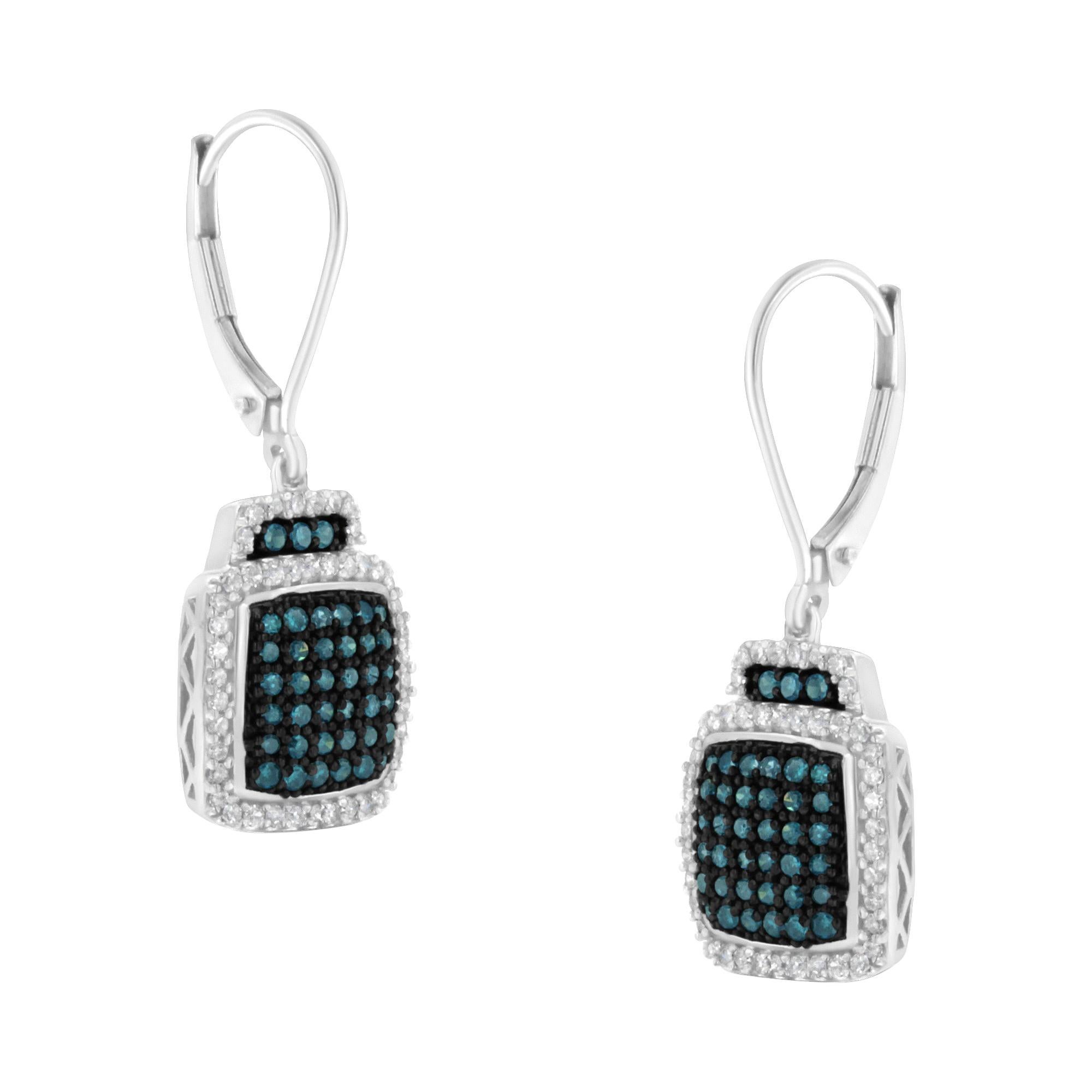 Sterling Silver 3/4 Carat Color-Treated Blue Diamond Dangle Earrings