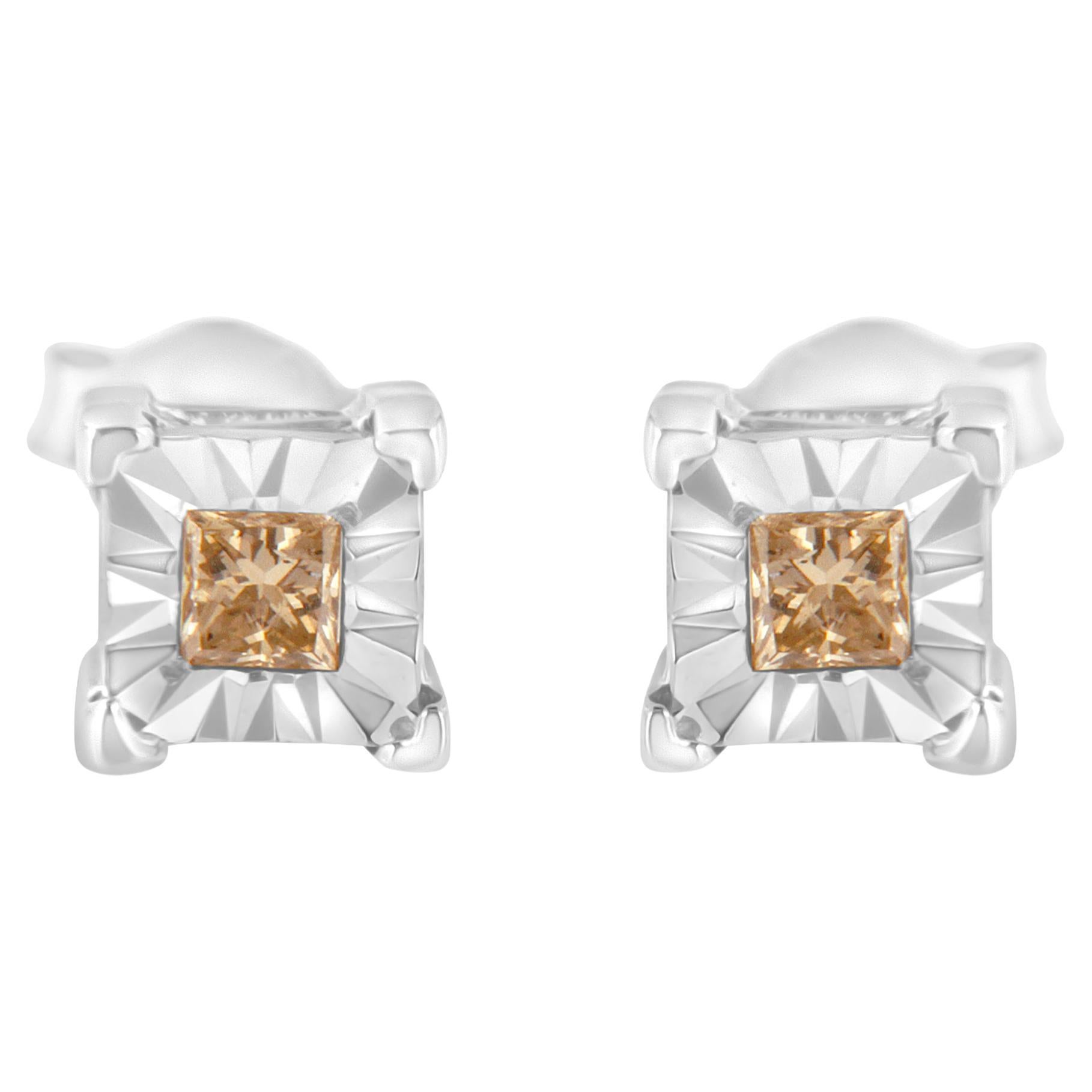 Sterling Silver 3/8 Carat Princess-Cut Square Diamond Solitaire Stud Earrings For Sale