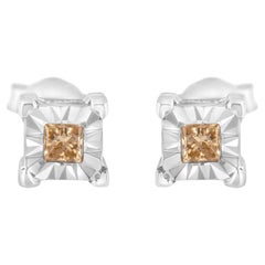Sterling Silver 3/8 Carat Princess-Cut Square Diamond Solitaire Stud Earrings