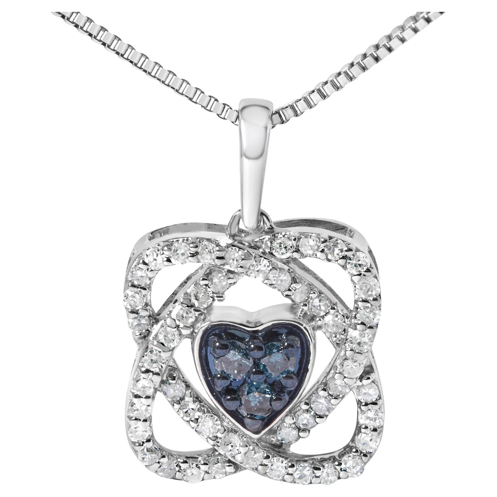 Sterling Silver 3/8 Cttw Blue Diamond Heart and Woven Halo 18" Pendant Necklace