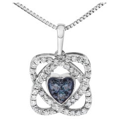 Sterling Silver 3/8 Cttw Blue Diamond Heart and Woven Halo 18" Pendant Necklace