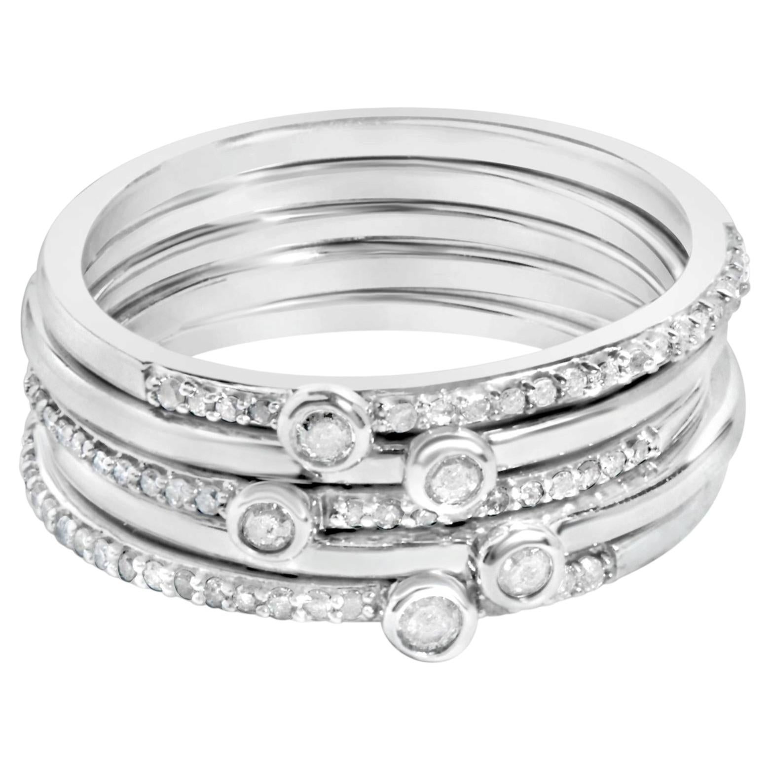 Sterling Silver 3/8 Cttw Diamond Bezel and Pave Set Stackable Ring Set