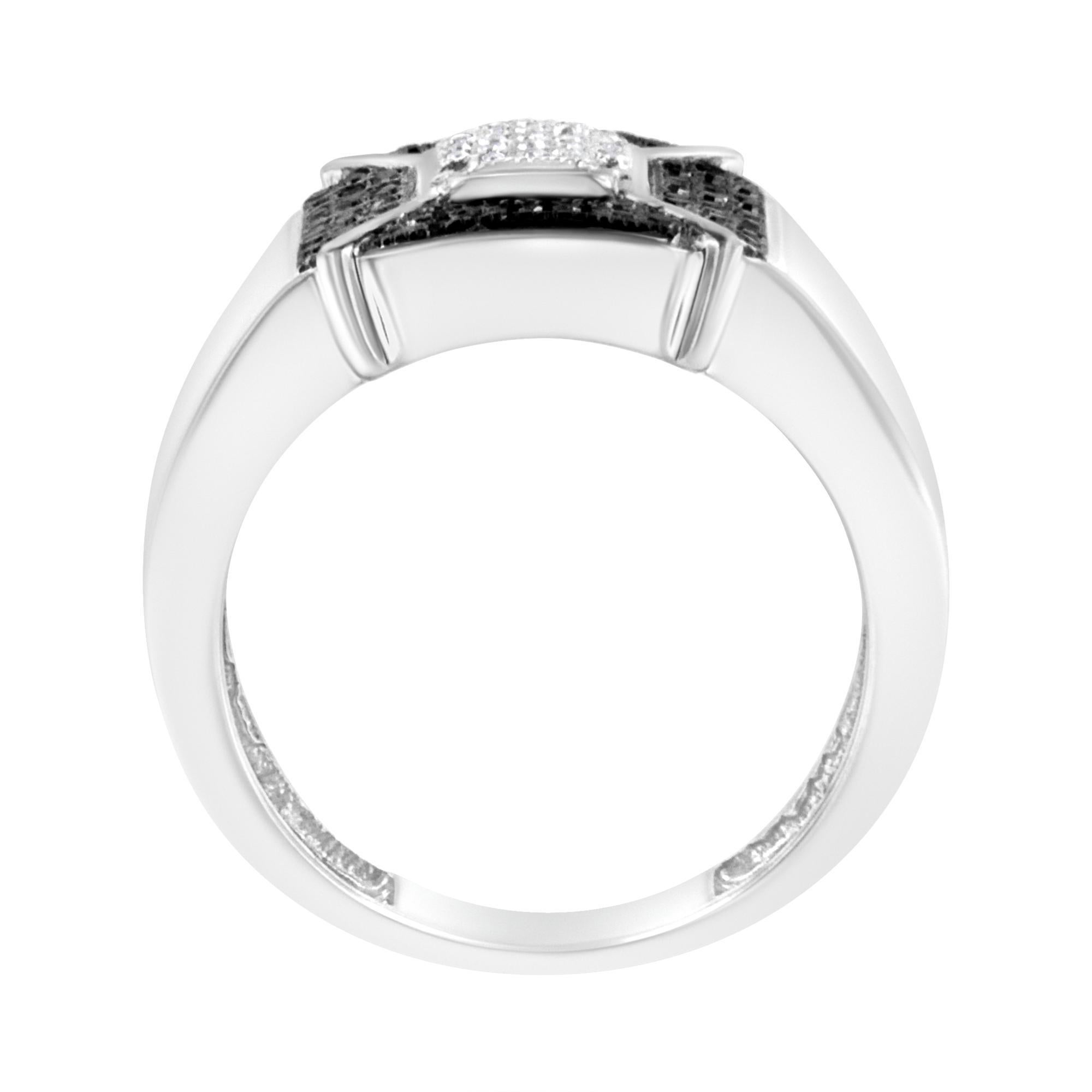 Create a debonair look for him with this handsome diamond ring. This bold ring design is crafted in sterling silver and showcases 3/8ct TDW of shimmering black and white round cut diamonds. Black diamonds set in black rhodium create the perfect