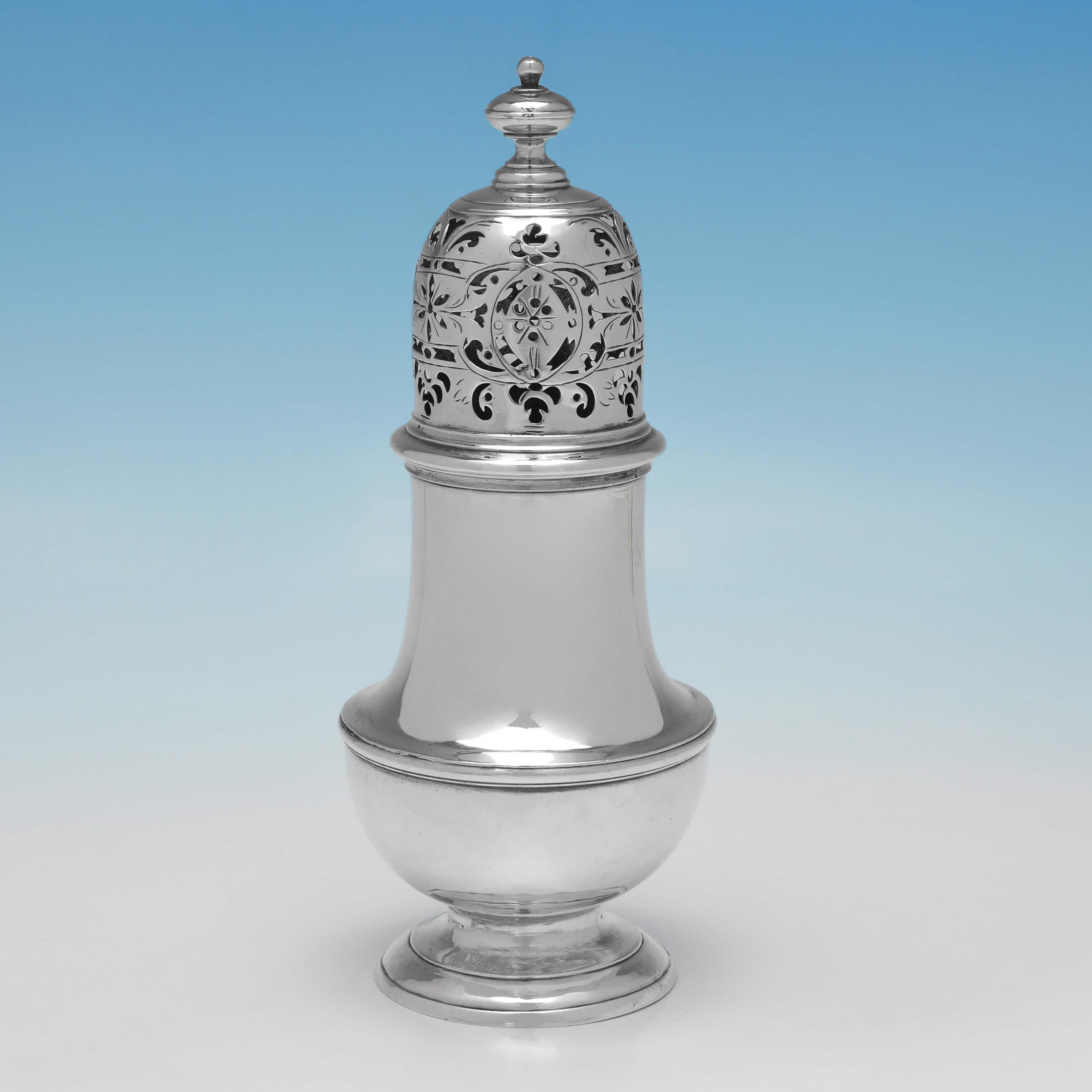 Hallmarked in London in 1728 by Samuel Welder, this very handsome, George II, Antique Sterling Silver Caster Set, is made up of 2 pepper casters and a sugar caster in the traditional form. The sugar caster measures 6.5