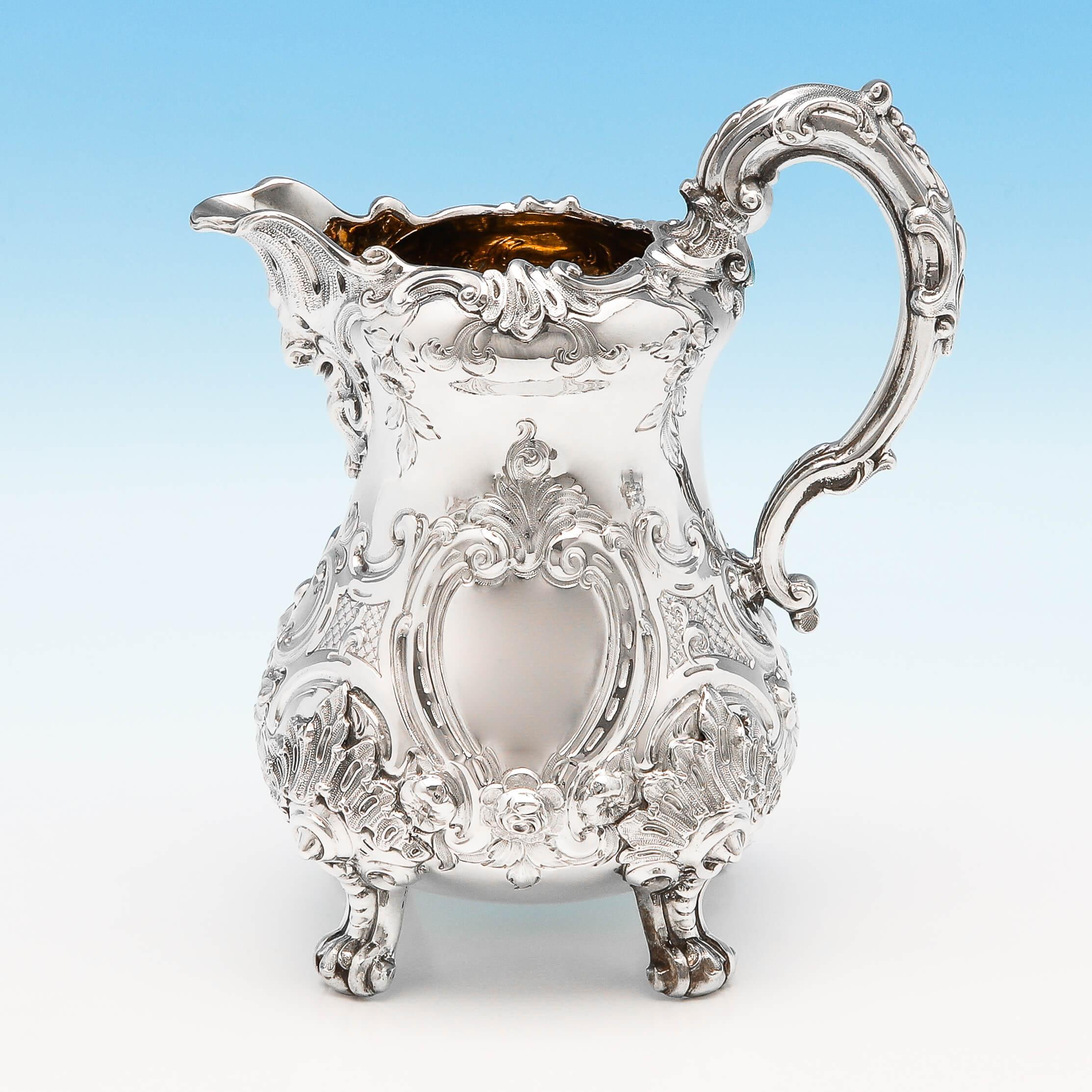 English Victorian Ornate Sterling Silver Three-Piece Tea Set by Barnards London, 1855