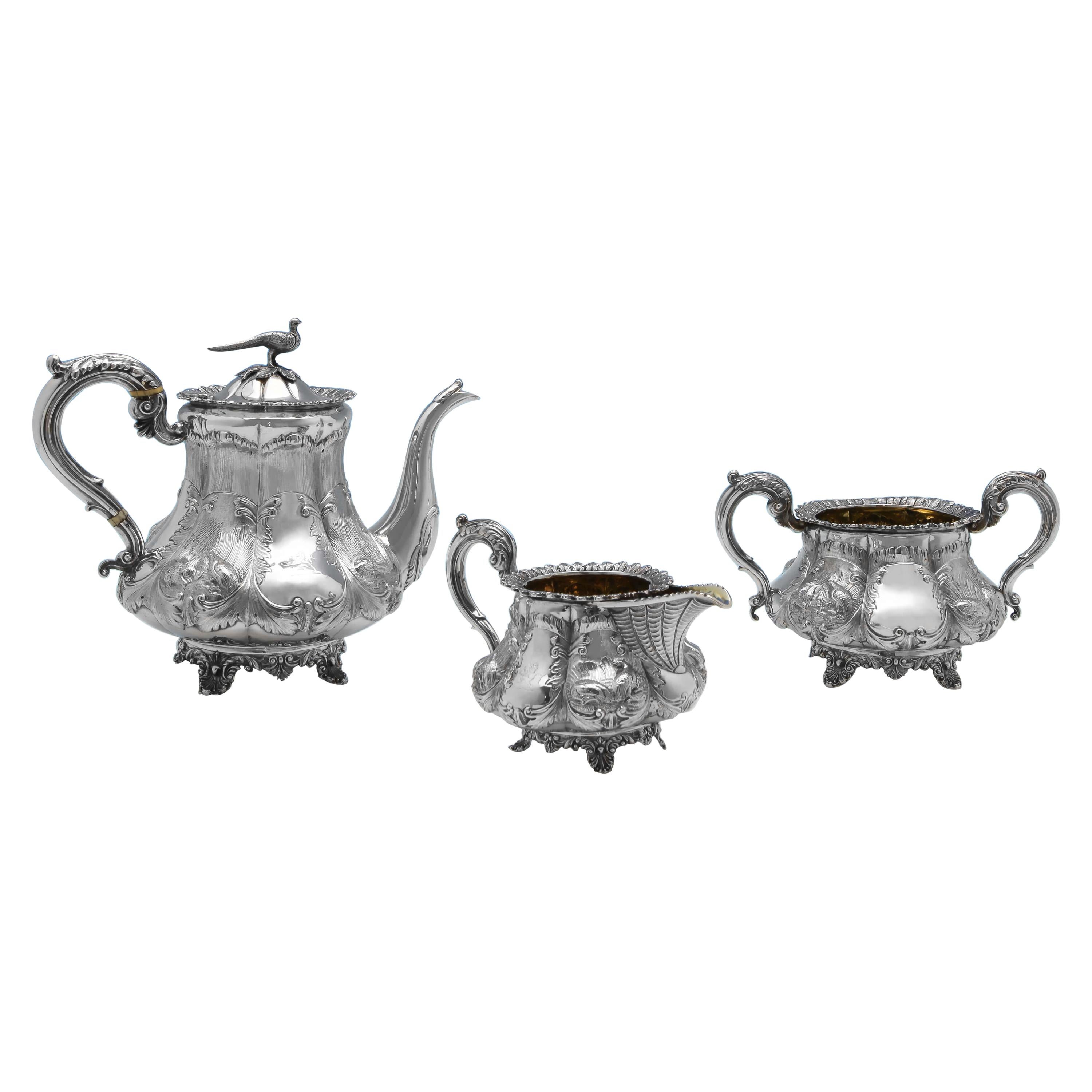Antique Sterling Silver Tea Set With Pheasant Decoration by Benjamin Smith 1836