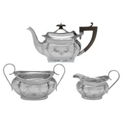 Attractive Engraved Antique Sterling Silver Tea Set - 3 Piece - Birmingham 1914