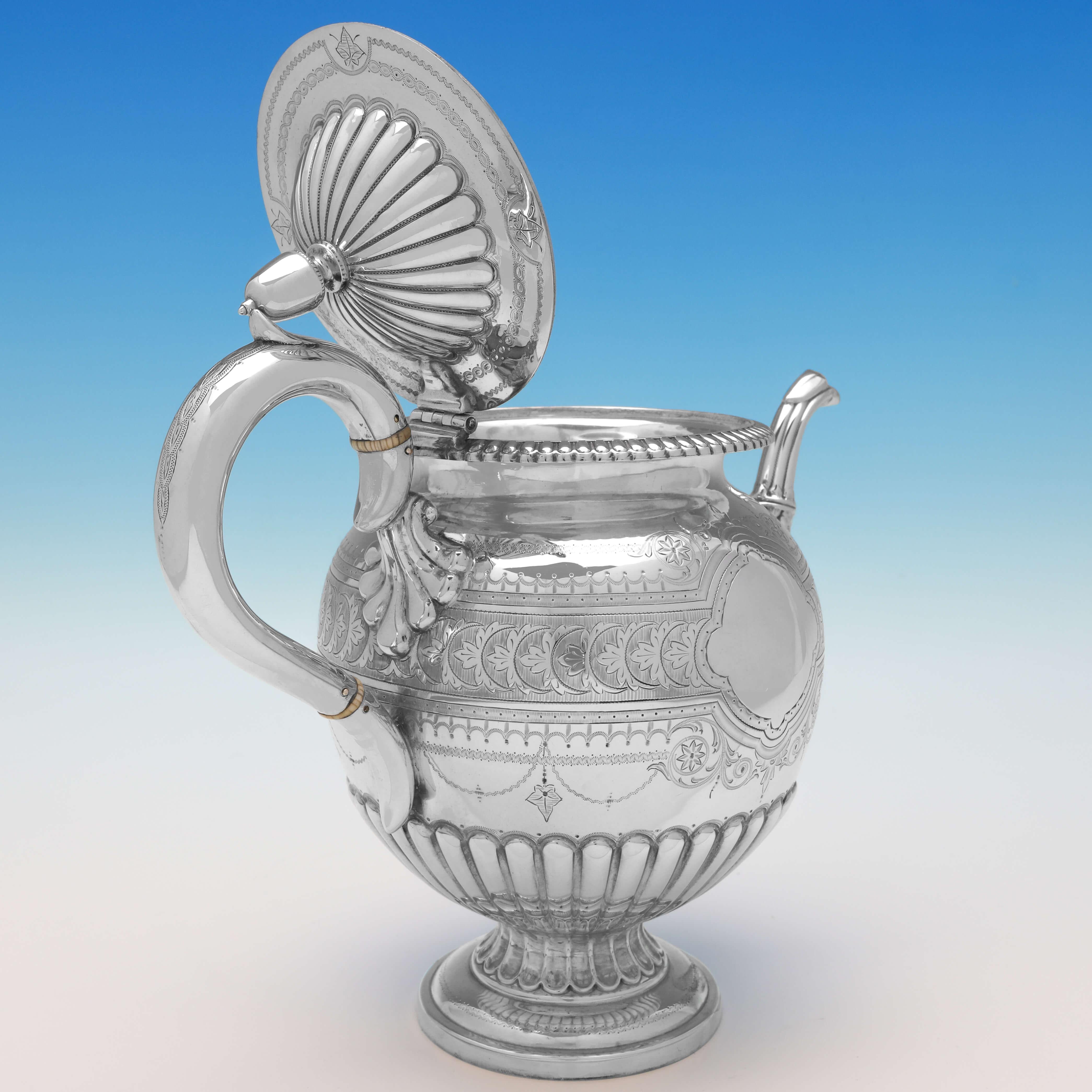 English Engraved Victorian Sterling Silver Tea Set - 3 Piece - Urn Shape - 1876 For Sale