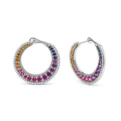 Sterling Silver 3.0 Cttw Multi Colored Sapphire Rainbow Color Disc Hoop Earrings