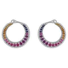 Sterling Silver 3.0 Cttw Multi Colored Sapphire Rainbow Color Disc Hoop Earrings