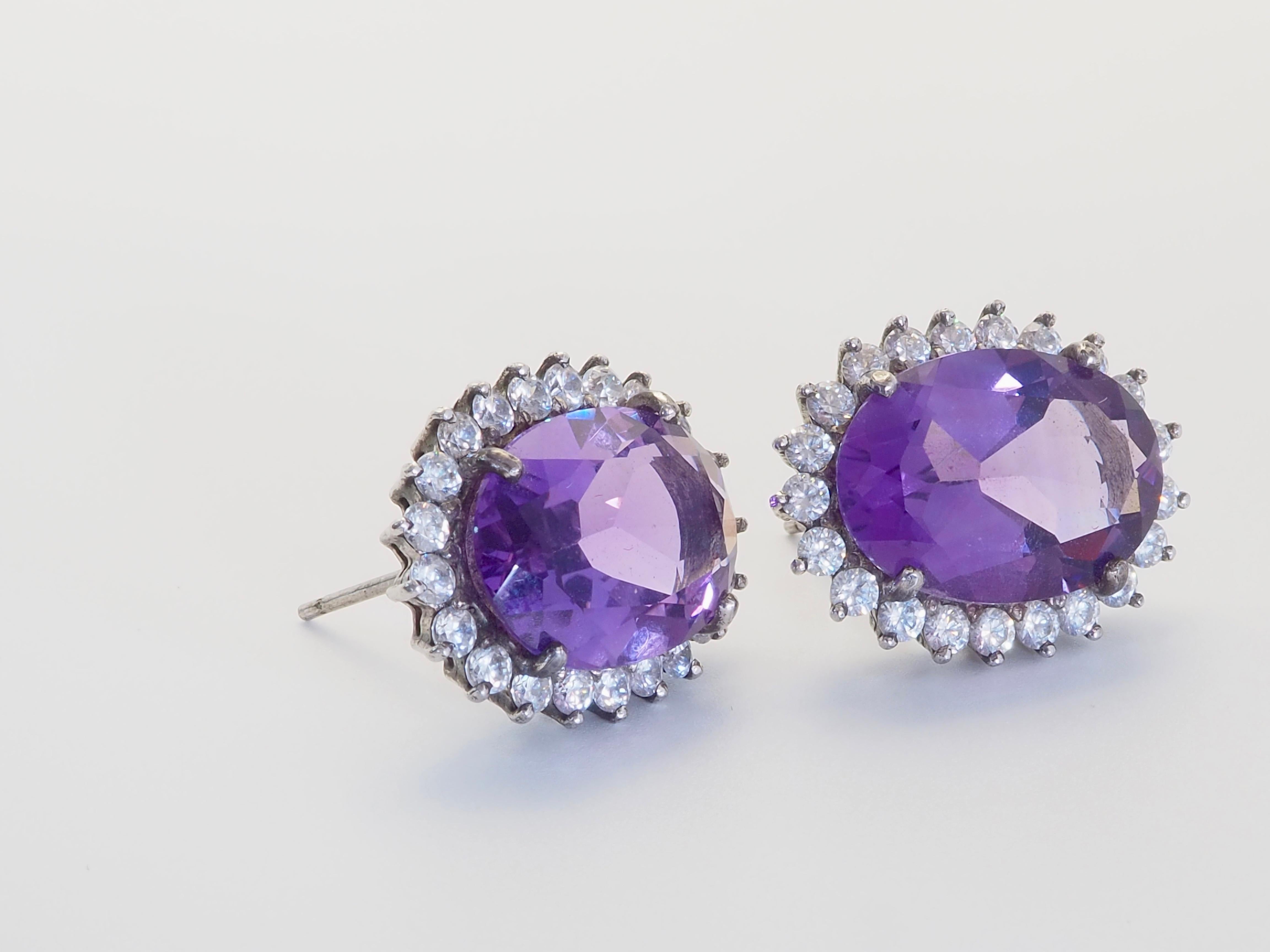 Rétro Orecchini a perno in argento sterling con ametista ovale e quarzo bianco da 30,53 carati in vendita