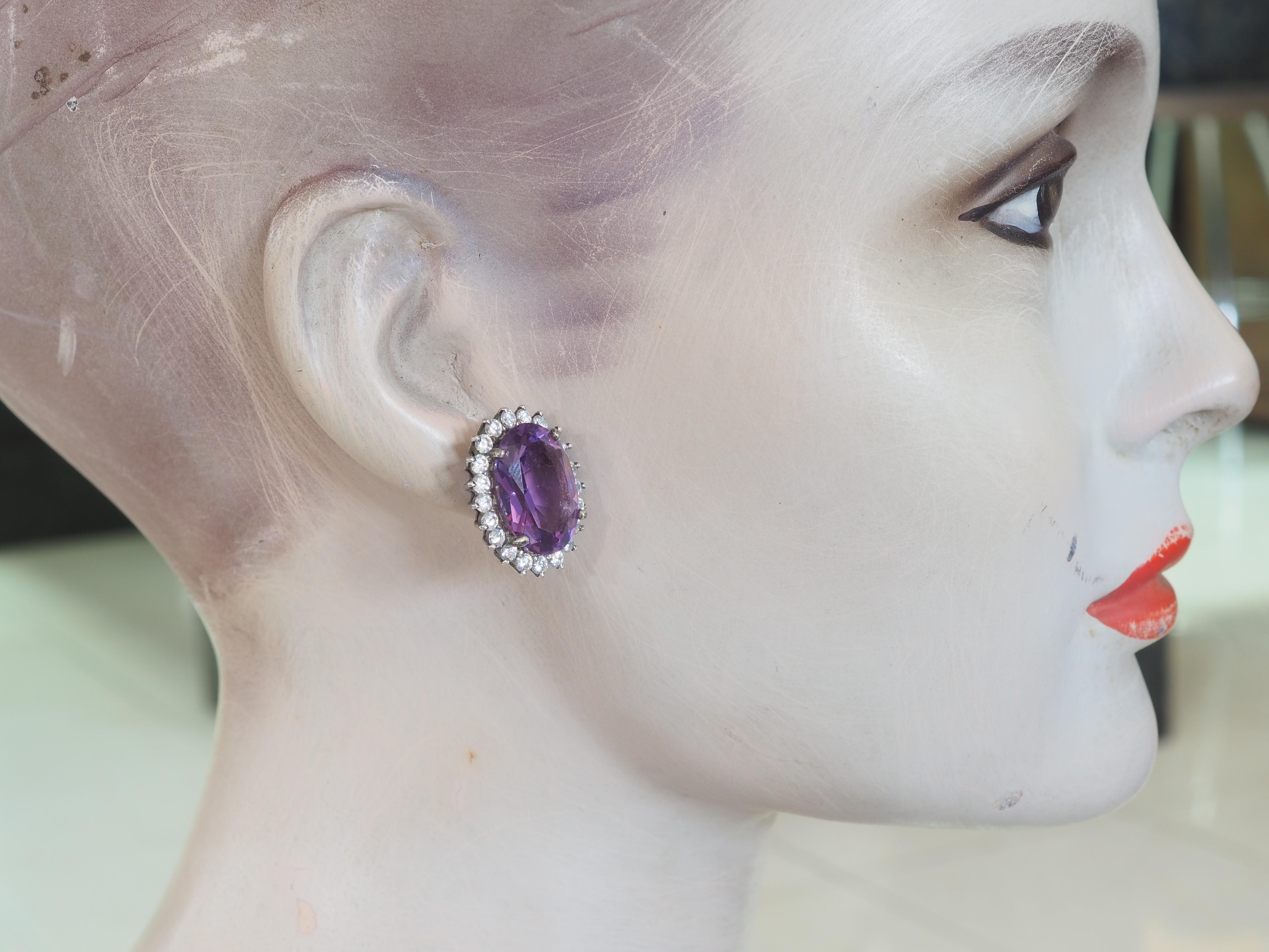 Orecchini a perno in argento sterling con ametista ovale e quarzo bianco da 30,53 carati in vendita 3