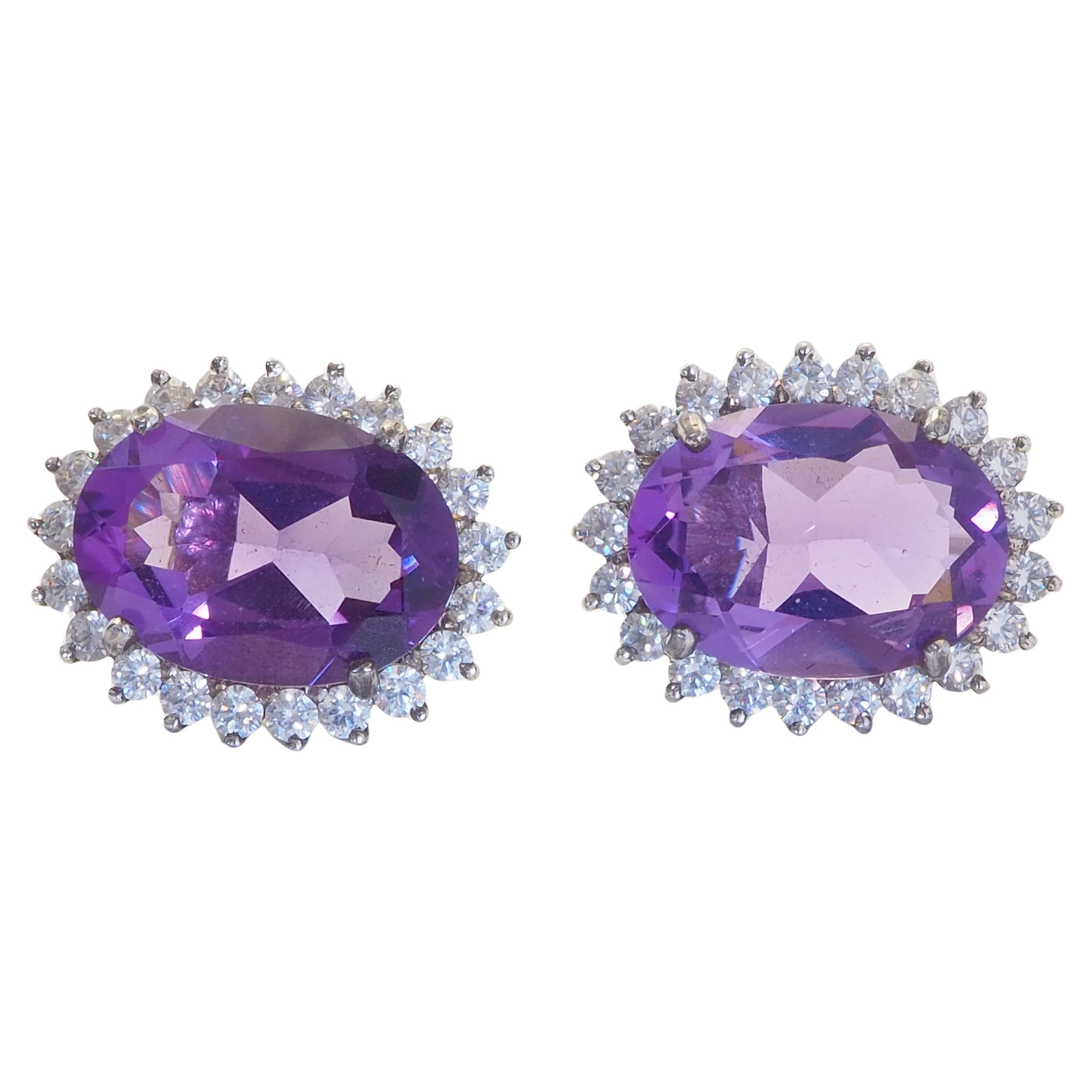 Orecchini a perno in argento sterling con ametista ovale e quarzo bianco da 30,53 carati