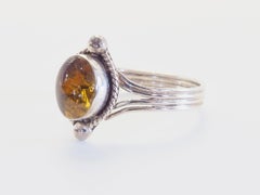 Sterling Silver 3.20ct Amber Solitaire Split Vine Band Ring, Size 7.75