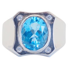 Sterling Silver 3.30ct Bezel Oval Blue Topaz & Quartz Band Ring, Size 8.75