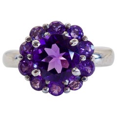 Sterling Silver 3.30ct Round Cut Amethyst Flower Motif Solitaire Ring, Size 7.5