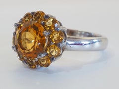 Sterling Silver 3.30ct Round Cut Citrine Flower Motif Solitaire Ring, Size 7.5