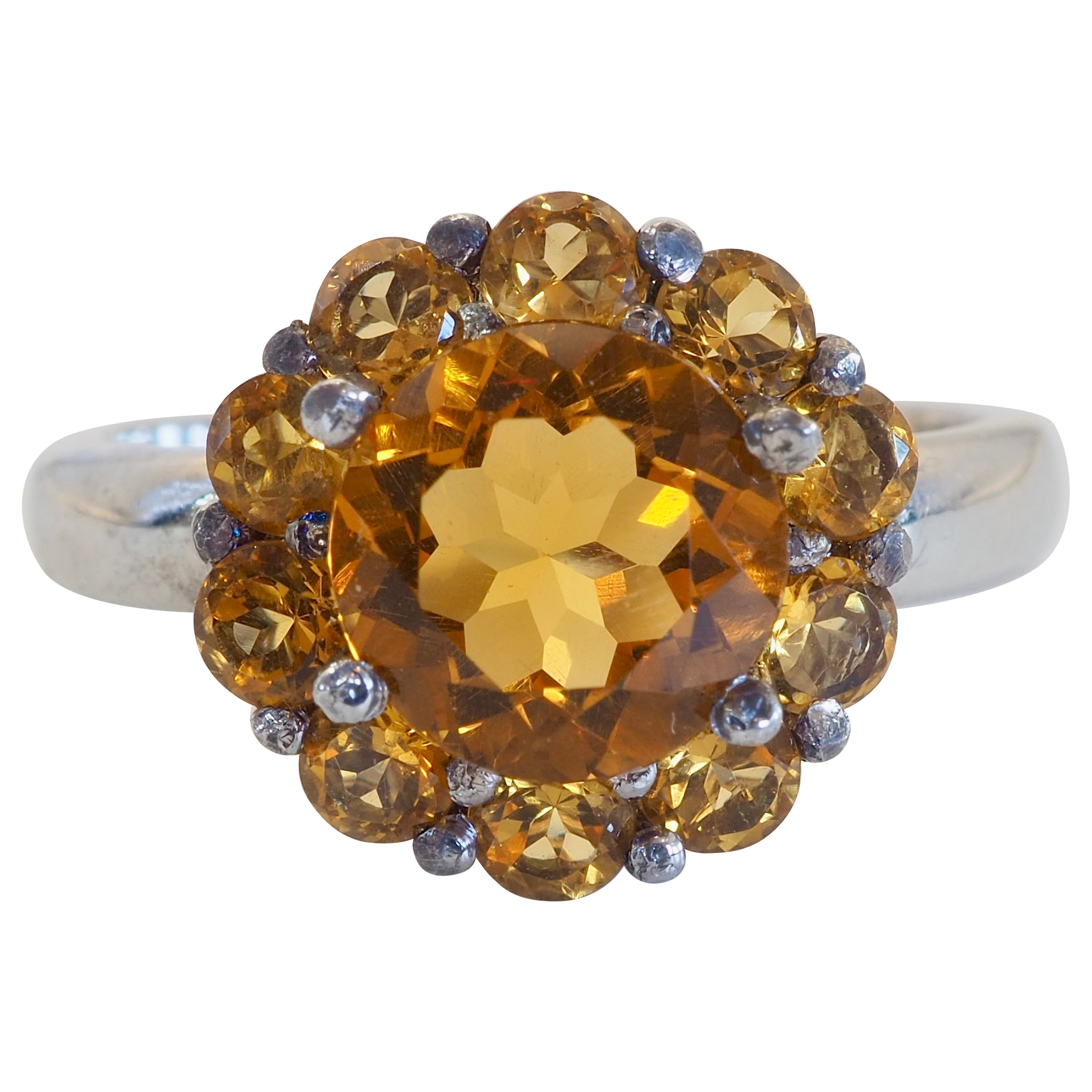 Sterling Silver 3.30ct Round Cut Citrine Flower Motif Solitaire Ring, Size 7.5