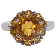 Sterling Silver 3.30ct Round Cut Citrine Flower Motif Solitaire Ring, Size 7.5