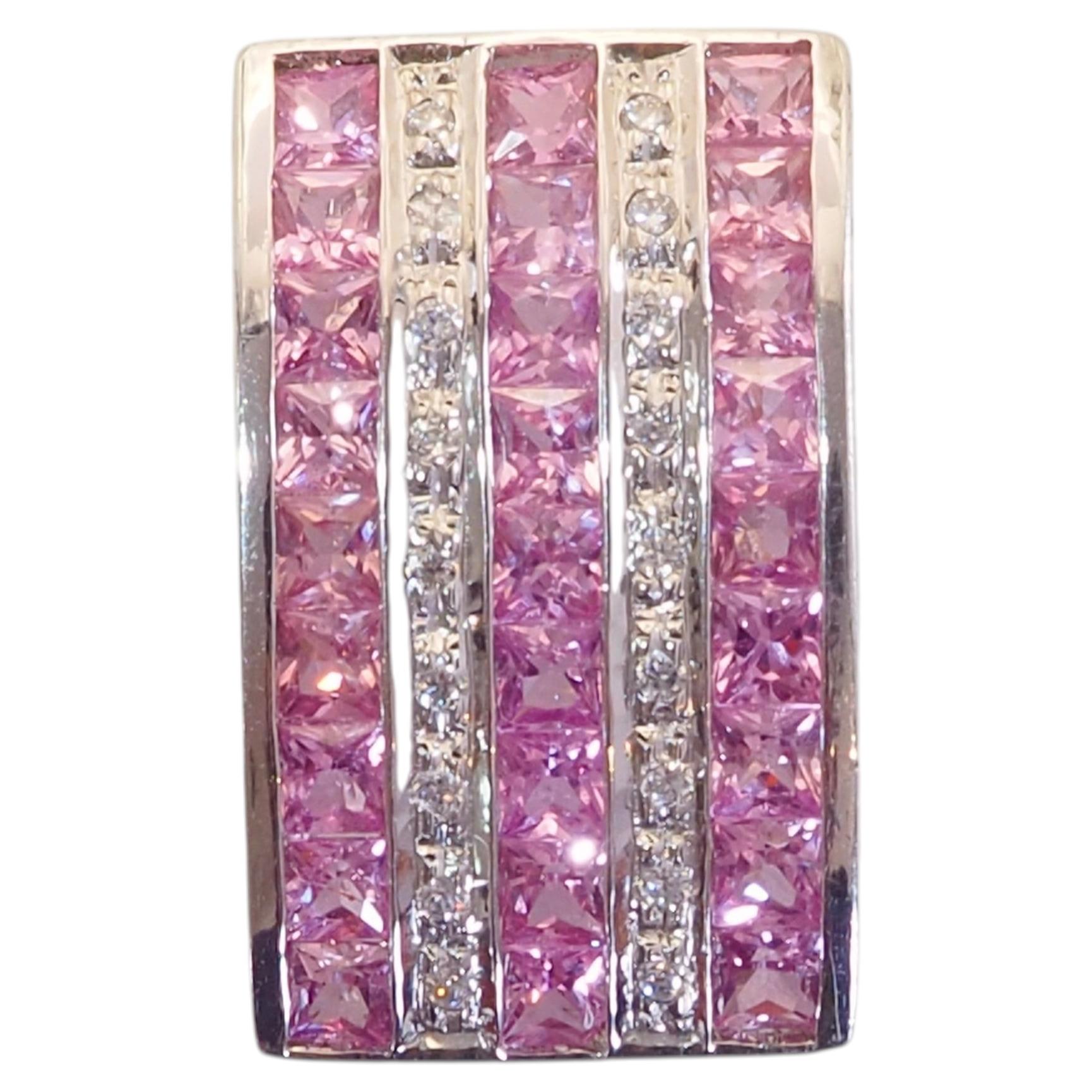 Sterling Silver 3.30ct Squared Pink Sapphire & Quartz Geometric Bar Pendant For Sale