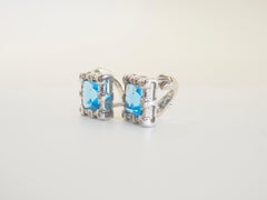 Boucles d'oreilles géométriques en argent sterling, ornées d'une topaze bleue suisse carrée de 3,36 ct et de pierres blanches