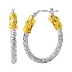Sterling Silver 35mm Oval Hoop Earrings, 2-Tone 18K Gold and Rhodium Finish