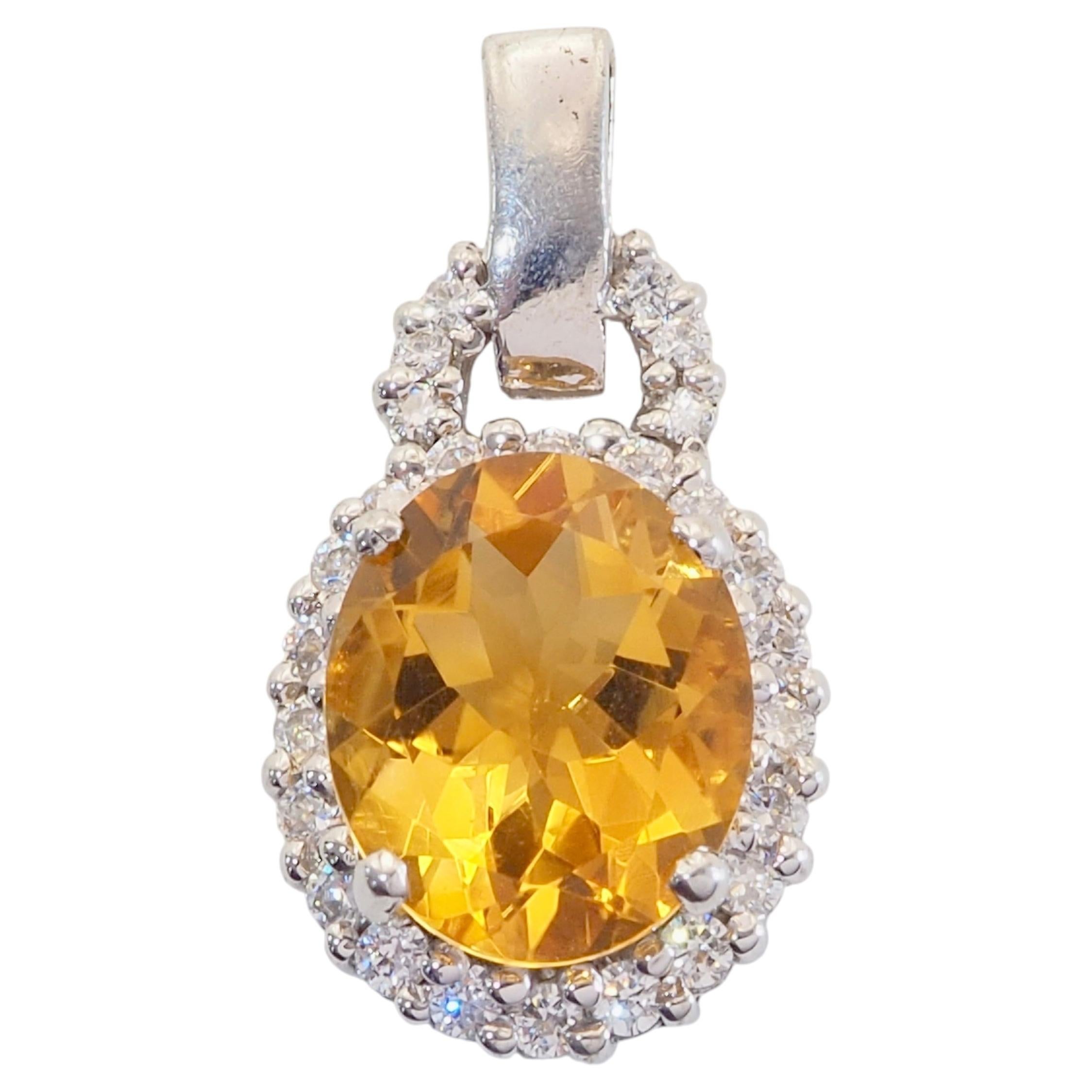 Sterling Silver 3.74ct Oval Citrine & White Stone Halo Pendant
