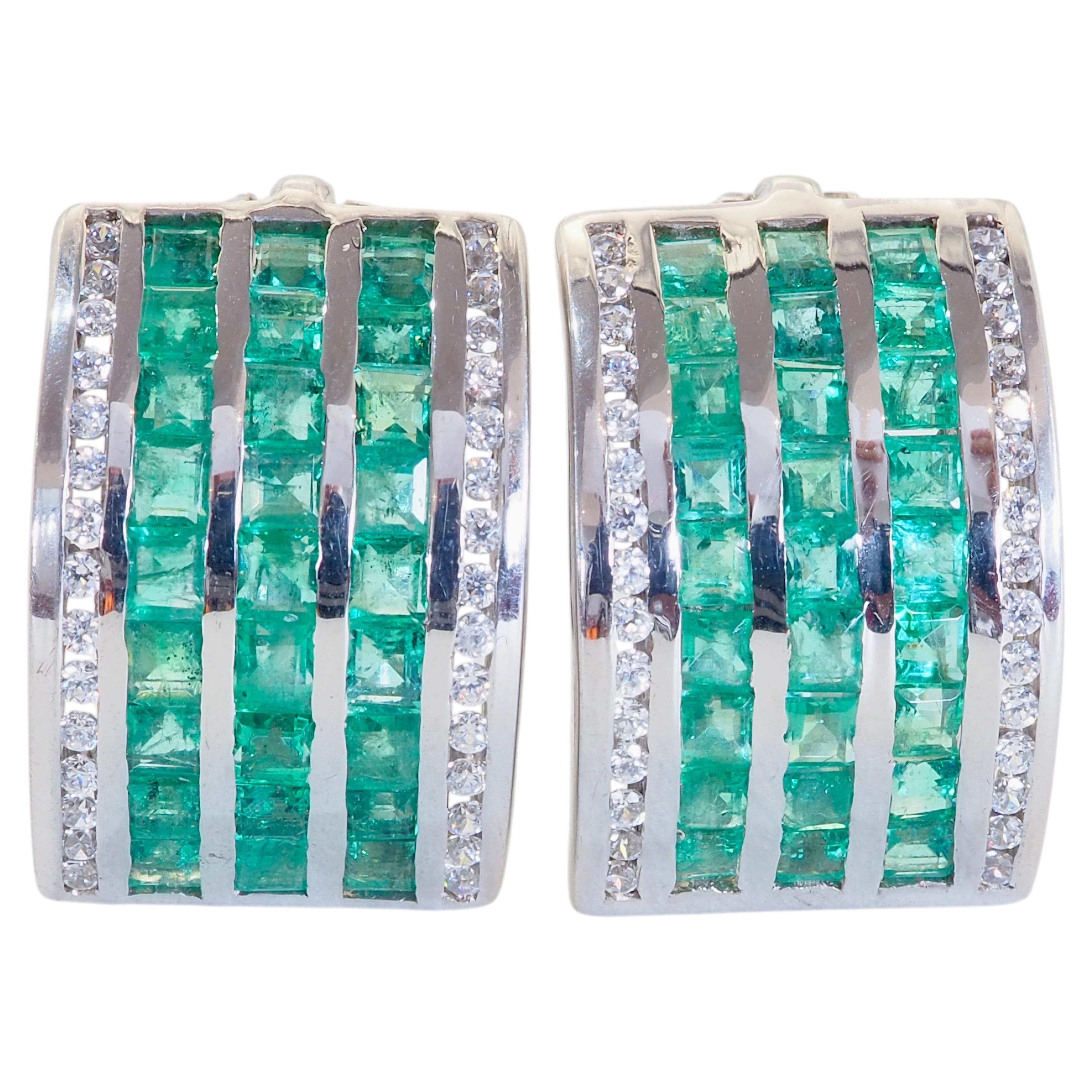 Pendientes de plata de ley con esmeraldas cuadradas y cuarzo, de 3,90 ct en total, con cierre geométrico en venta