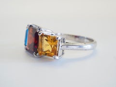 Sterling Silver 3.9ct Squared Garnet, Topaz, Citrine 3 Stone Ring, Size 6.75