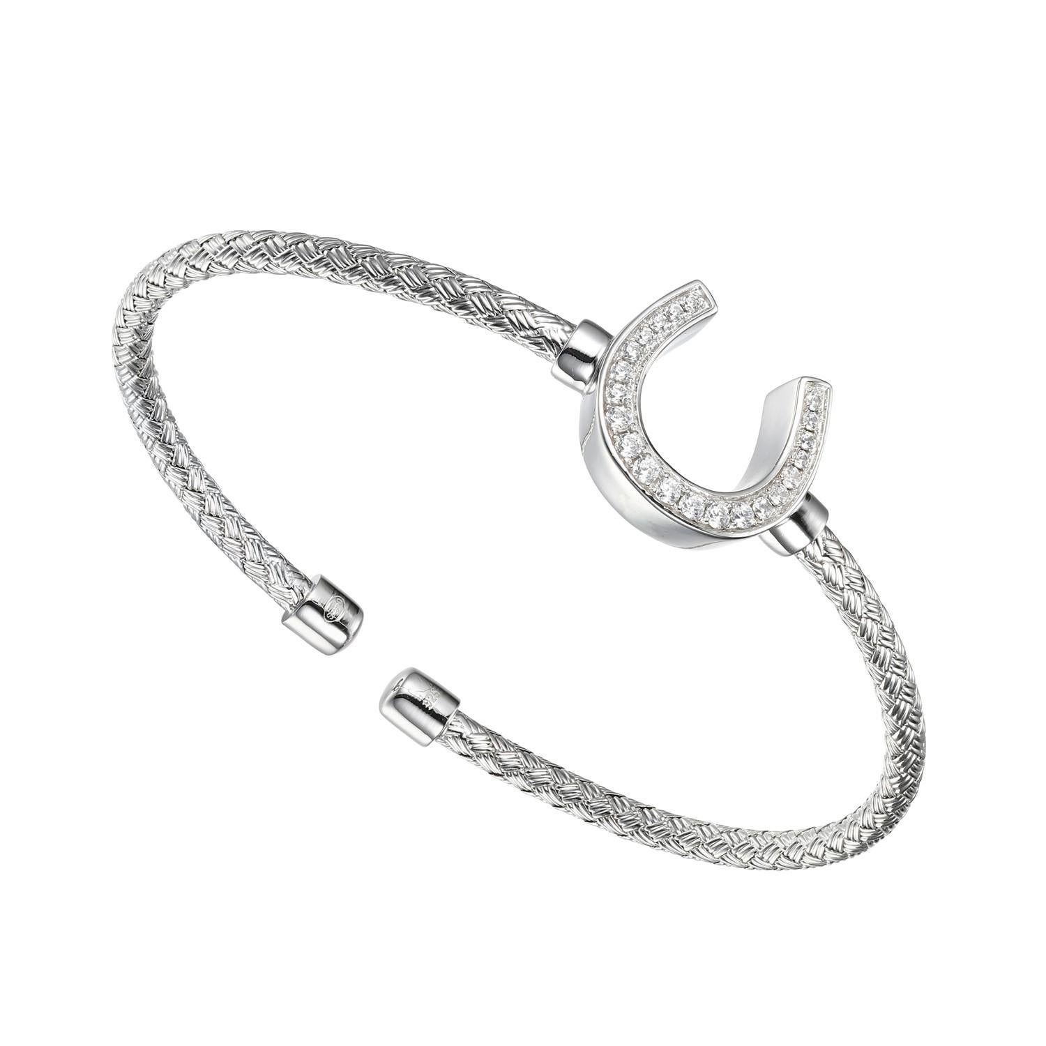 Sterling Silver 3mm Mesh Cuff with CZ Horseshoe (16x14mm) in Center, Rhodium Finish
