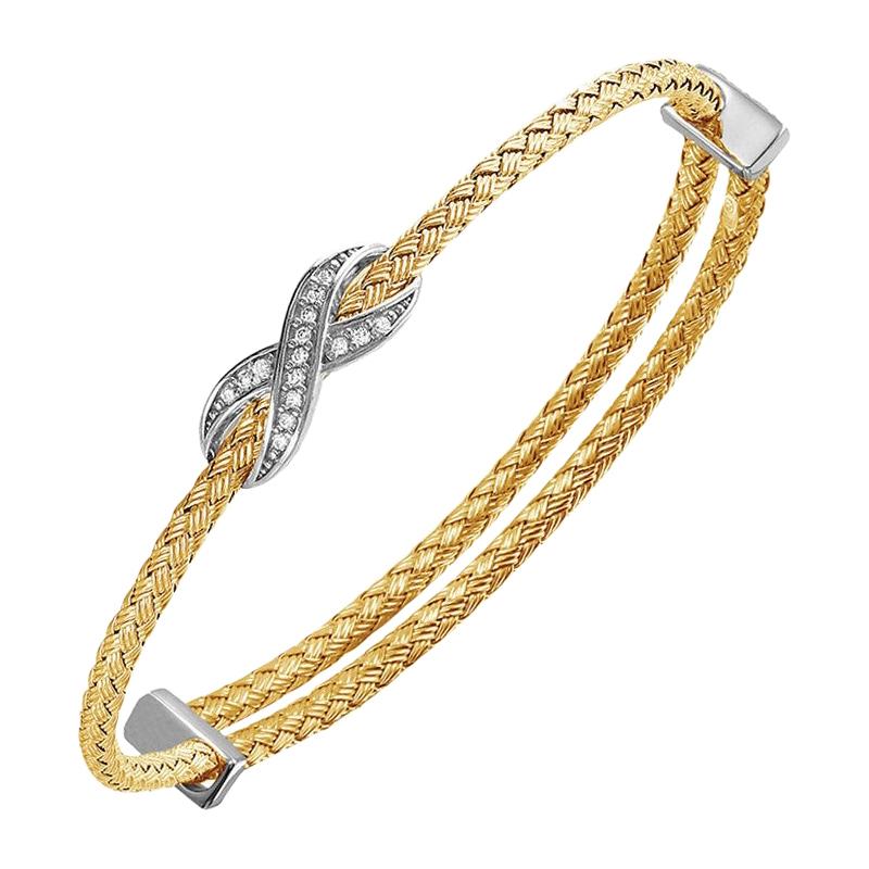 Sterling Silver 3mm Mesh Expandable Cuff Bracelet with CZ, 18K Gold Finish For Sale