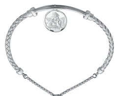 Sterling Silver 3mm Mesh Friendship Bracelet with Angel Charm, Rhodium Finish