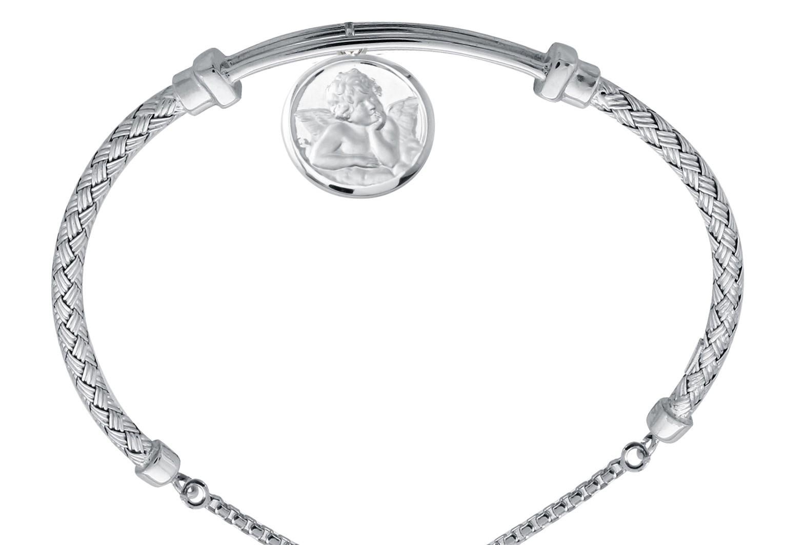 Modern Sterling Silver 3mm Mesh Friendship Bracelet with Angel Charm, Rhodium Finish For Sale