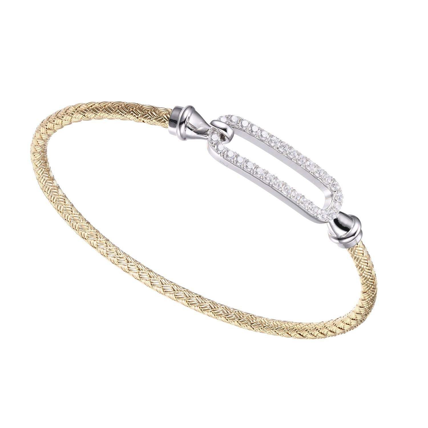 Sterling Silver 3mm Mesh Hook Bangle with CZ Link (24x8mm) in Center, 2 Tone, 18K Yellow Gold and Rhodium Finish