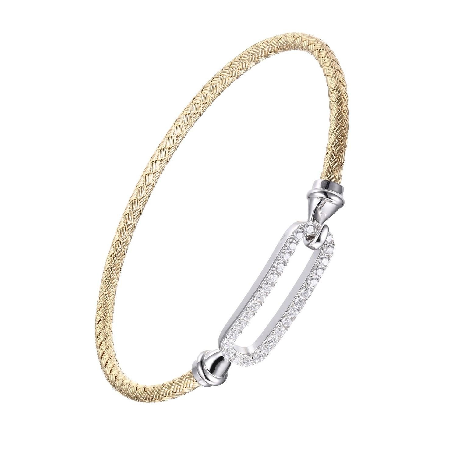 Modern Sterling Silver 3mm Mesh Hook Bangle CZ Link, 18K Yellow Gold and Rhodium Finish For Sale