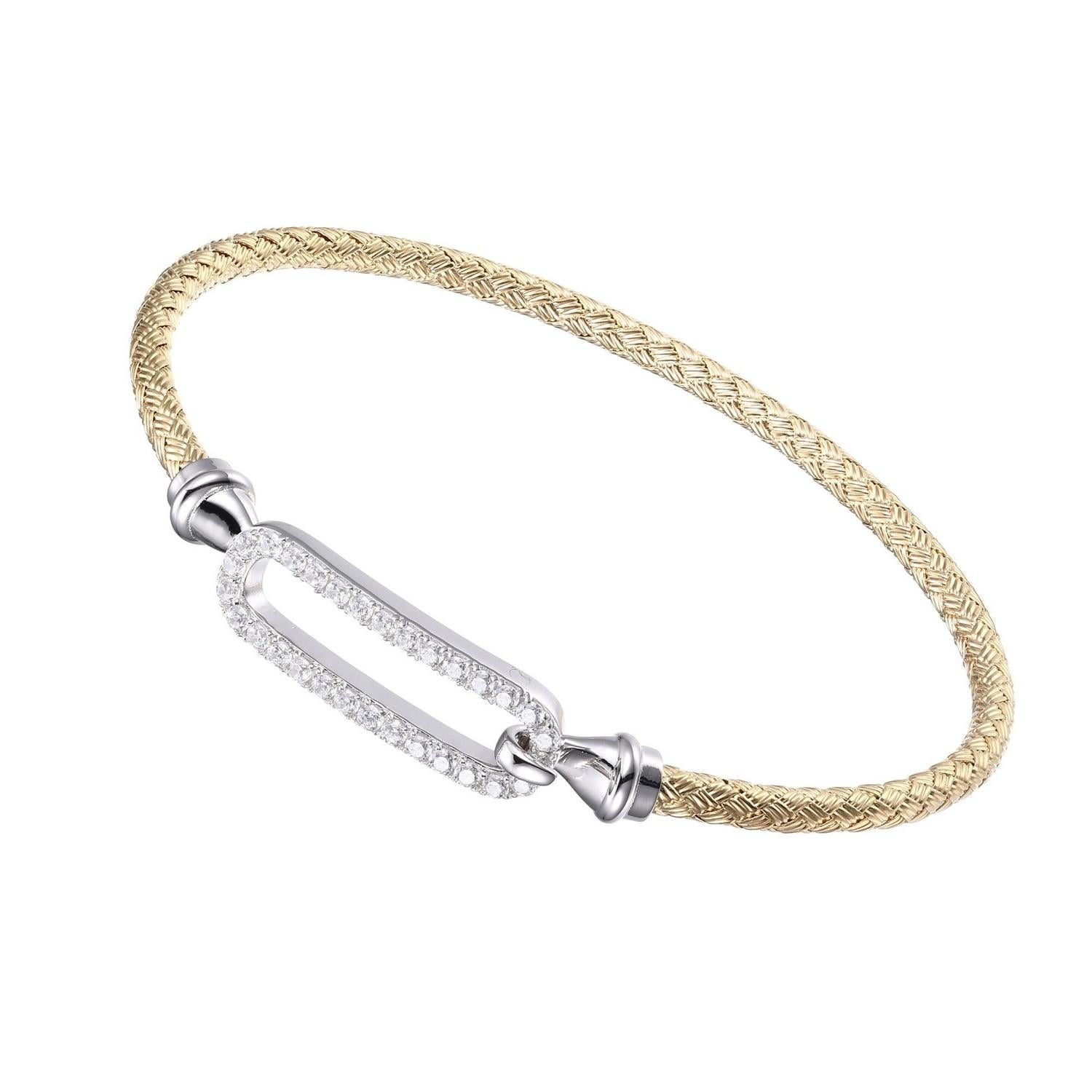 Round Cut Sterling Silver 3mm Mesh Hook Bangle CZ Link, 18K Yellow Gold and Rhodium Finish For Sale