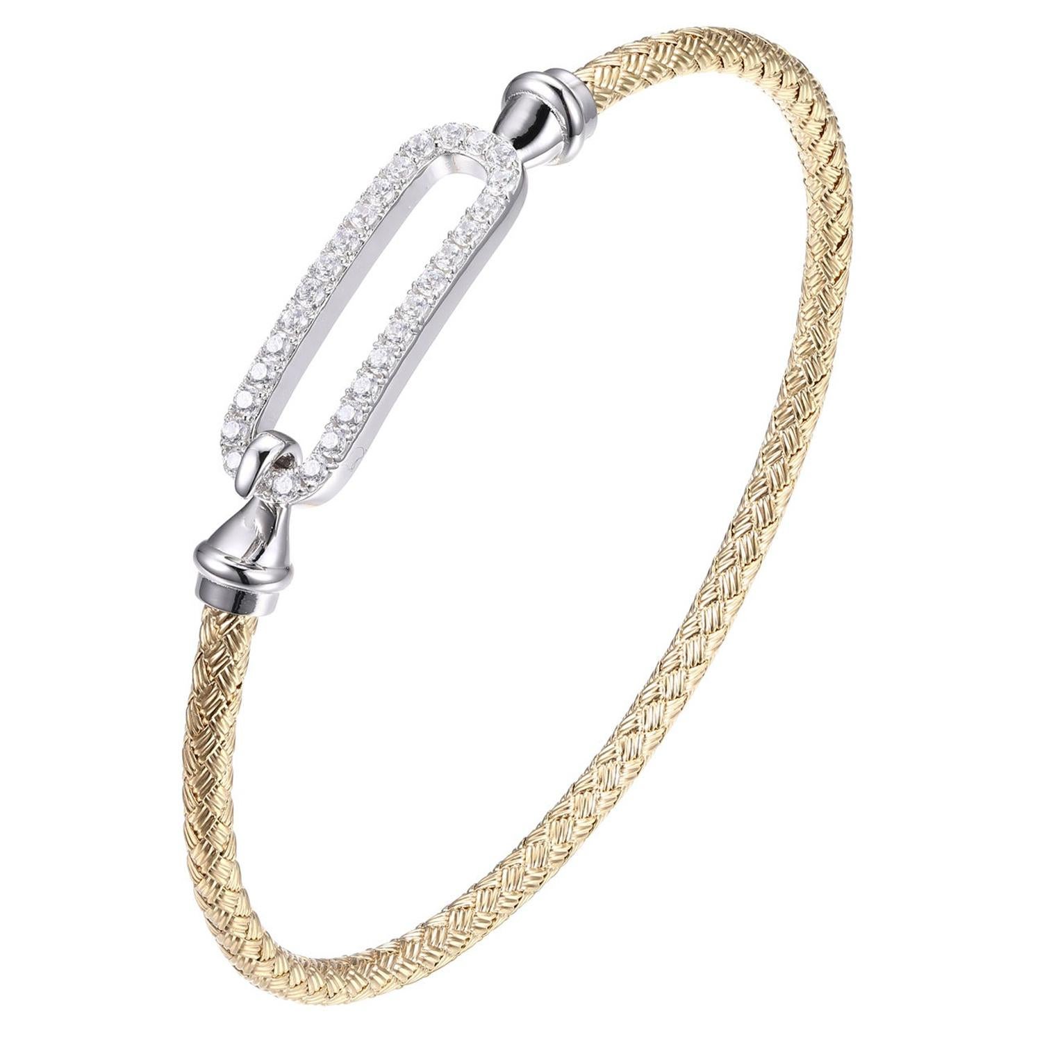 Sterling Silver 3mm Mesh Hook Bangle CZ Link, 18K Yellow Gold and Rhodium Finish