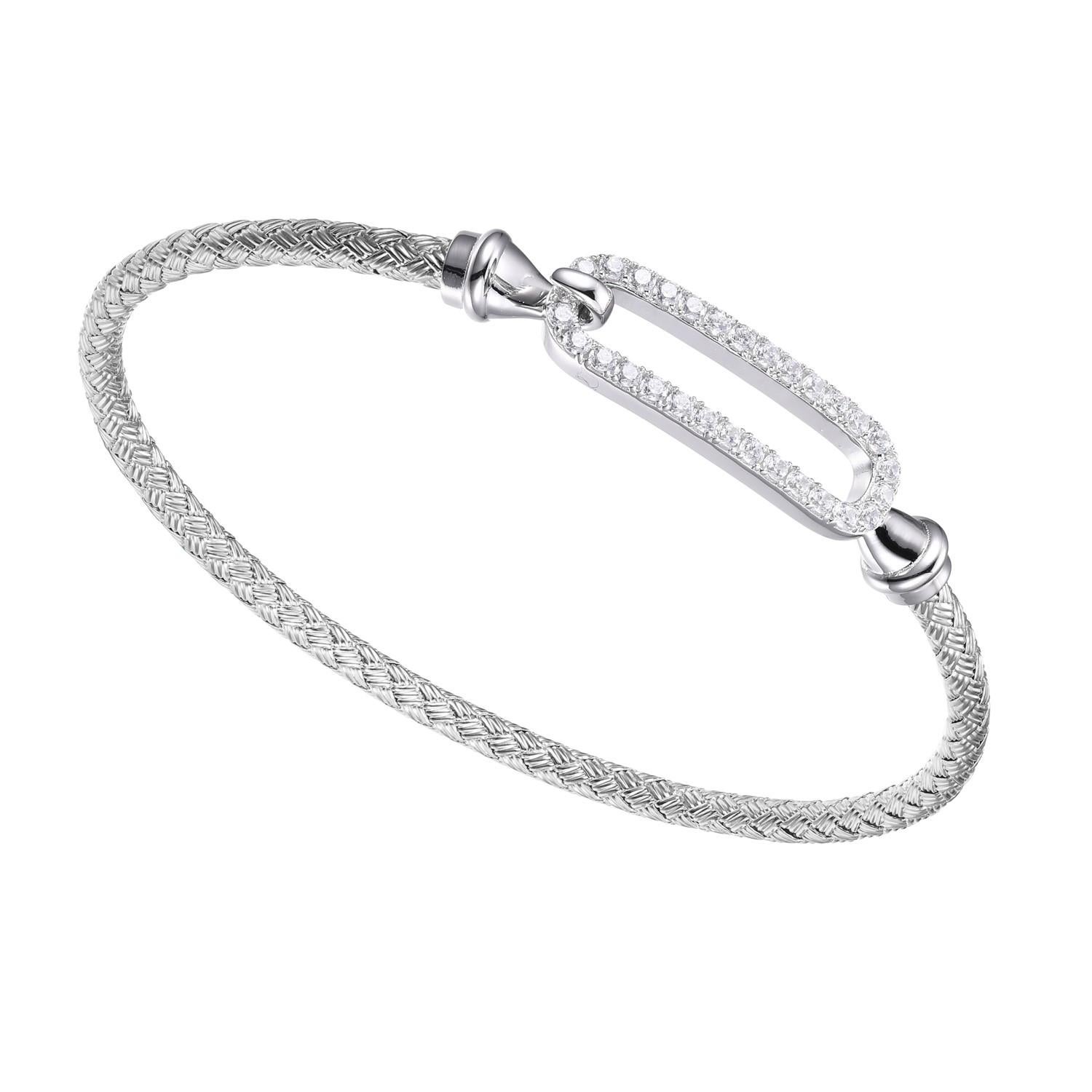 Sterling Silver 3mm Mesh Hook Bangle with CZ Link (24x8mm) in Center, Rhodium Finish