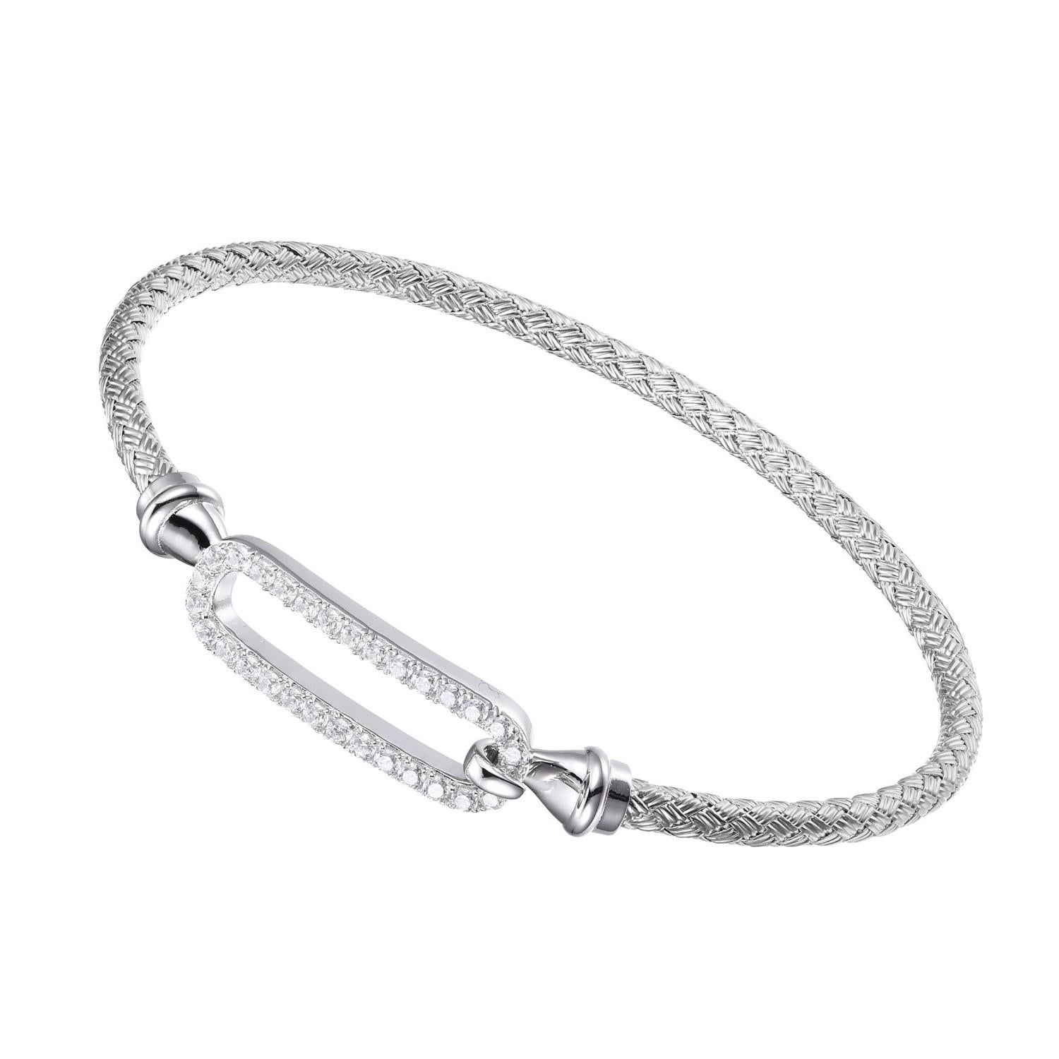 Modern Sterling Silver 3mm Mesh Hook Bangle CZ Link (24x8mm) Center, Rhodium Finish For Sale