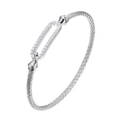 Sterling Silver 3mm Mesh Hook Bangle with CZ Link (24x8mm), Rhodium Finish