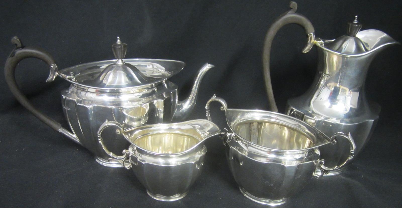 Sterling silver 4-piece tea and coffee set,
Sheffield 1922,
Maker's Mark JR (John Round & Son Ltd - Joseph Ridge),
Total gross weight 56.2 ounces, 1,595 grams
Measures: Largest piece 16 x 10 x 22cm high.
Our eclectic stock crosses cultures,