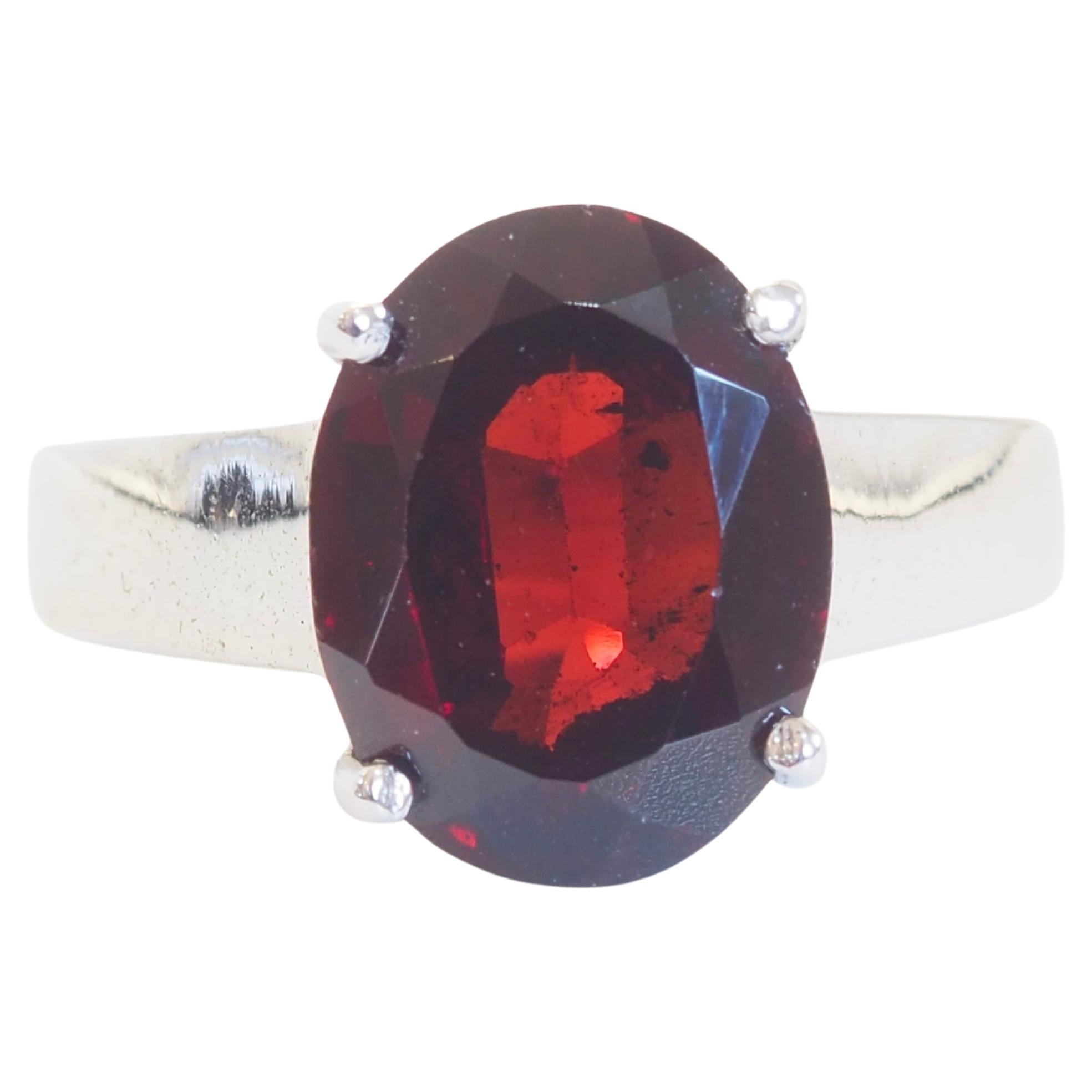 Sterling Silver 4.52ct Oval Cut Red Garnet Solitaire Band Ring, Size 6.75