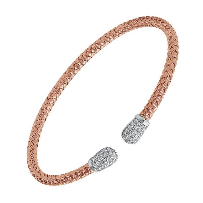 Round Cut Sterling Silver 4mm Mesh Cuff with CZ, Rose Gold Finish For Sale