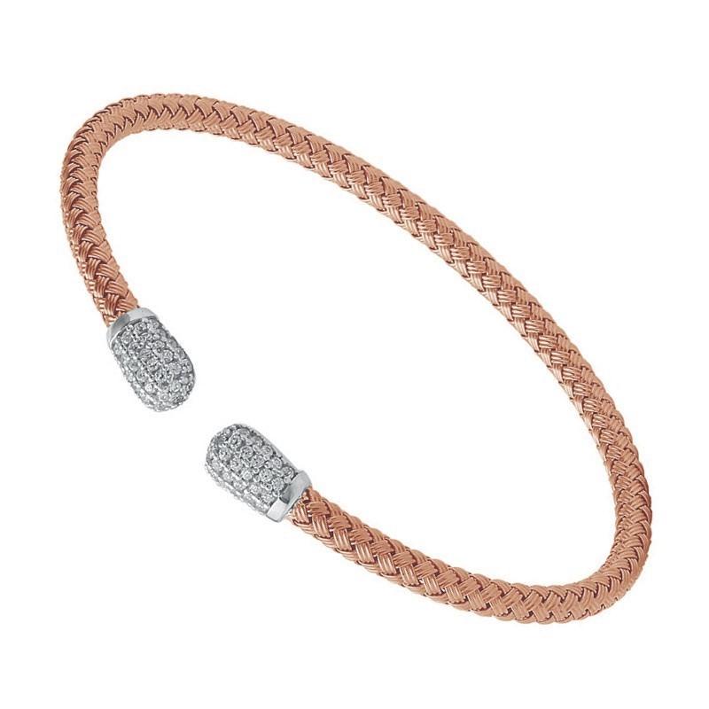 Sterling Silver 4mm Mesh Cuff with CZ, Rose Gold Finish In New Condition For Sale In Dallas, TX