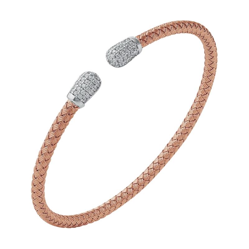 Sterling Silver 4mm Mesh Cuff with CZ, Rose Gold Finish For Sale